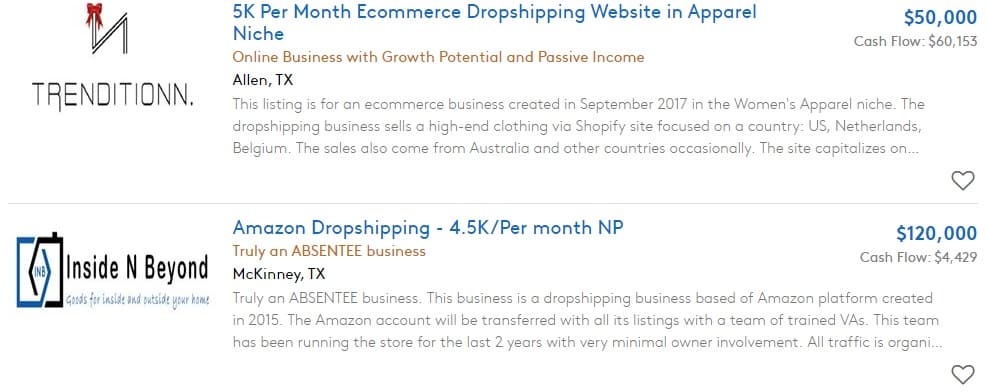 Exemple vente sites Internet Dropshipping USA