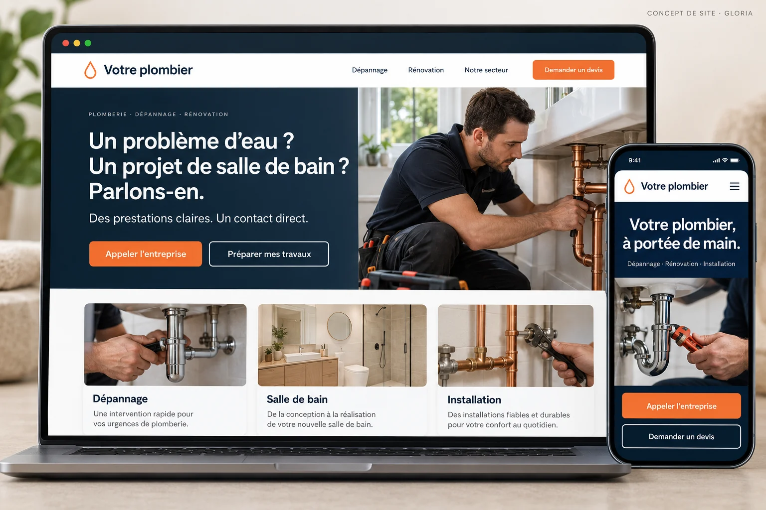 Exemple illustratif de site de plombier sur ordinateur et mobile