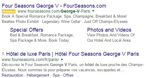 Hotel George V achat de marque Adwords