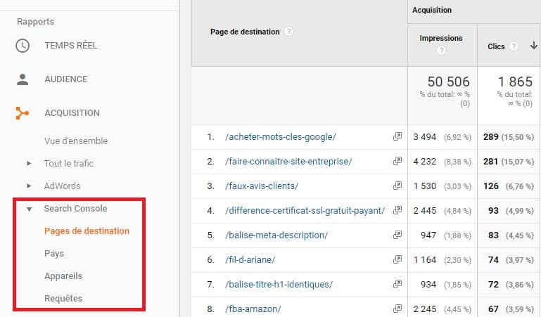 Onglet Search Console dans Analytics